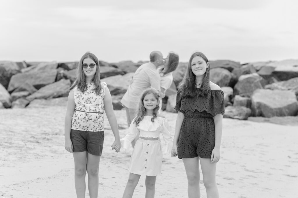 family of five, black and white beach photography